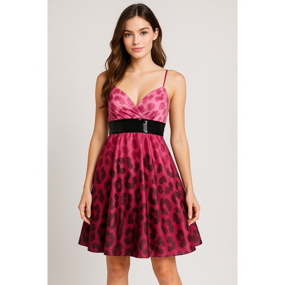 City Triangles VTG Y2K Babydoll Pink Leopard Satin Sequin Mini Dress 9 Hoco